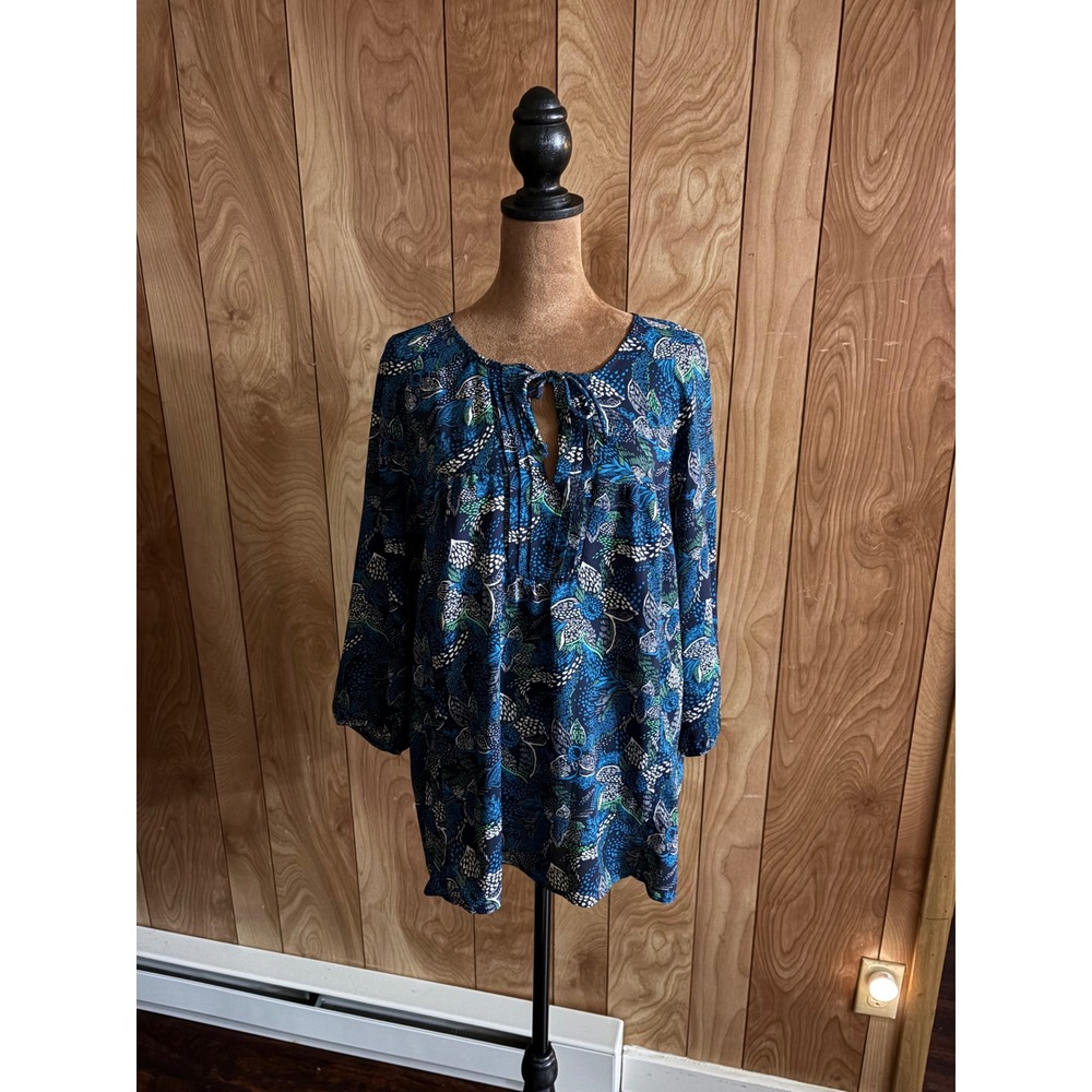 Gap‎ Womens Blue Floral Tunic Top 3/4 Sleeve Split Neck Tie Boho Blouse Large